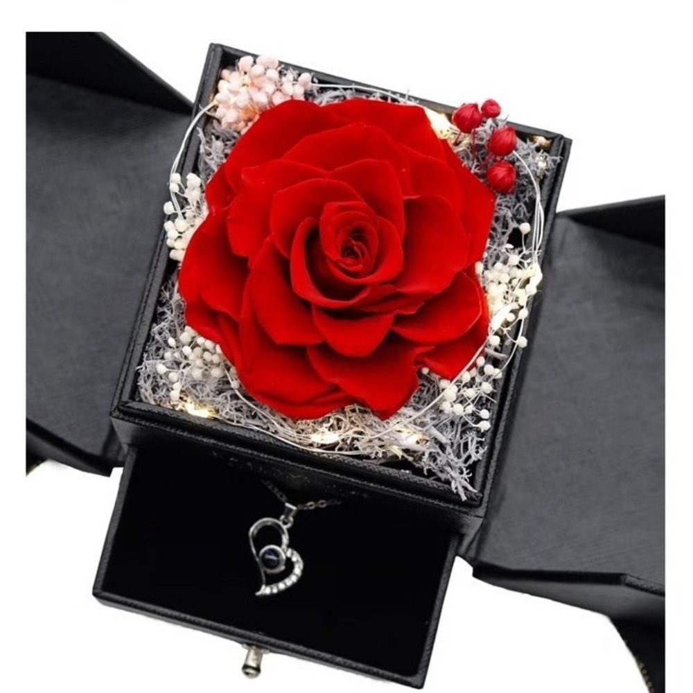 Eternal Rose Box w/ 925 Silver Heart Necklace Rose Gold Finish Red Rose Gift Box